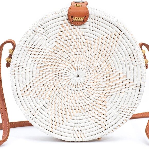 Round Rattan Bag for Women - Handmade Straw Bags - Wicker Purse - Brown White Ci - Picture 1 of 6